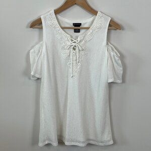 New Directions White Cold-Shoulder Lace Up Front Women's - Size M